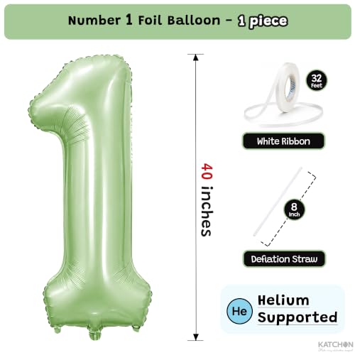 Image of KatchOn Sage Green Number 1 Balloon for 1st Birthday Decorations - 40 Inch