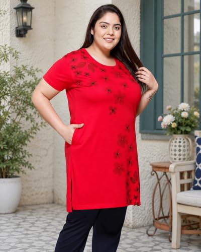 Image of In Love Women's Printed Cotton Plus Size Longline T-Shirt with Pockets | Cotton fabric - soft longline T-shirt with easy plus-size fit