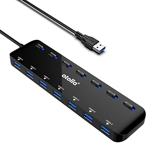 USB HUB, atolla USB Verteiler mit 7 USB-A-Anschlüssen, Ultra Slim USB 3.0 Datenhub mit 100 cm Verlängerungskabel und Separater Schalter mit LED-Anzeige