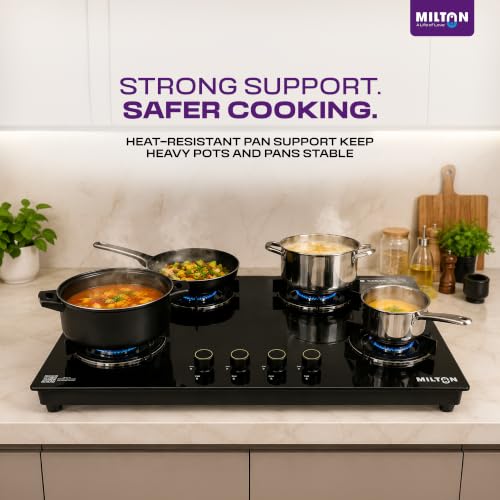 Image of Milton Magnus 4 Burner Gas Stove Hobtop | Built-In Hob with Auto Ignition | Italian SABAF Valves | 8mm Toughened Glass Top | 360 Nozzle | ISI Certified | 5 Years Glass Warranty