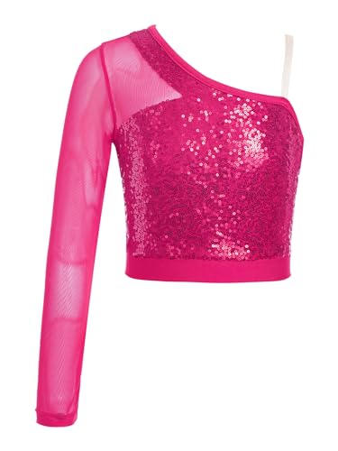 Nyeemya Top de Deporte Corto Brillante Camiseta para Niñas Manga Larga Crop Top Yoga Gimnasio Running Camisa Disfraces de Bailarina Danza Rosa Caliente A 5-6 años