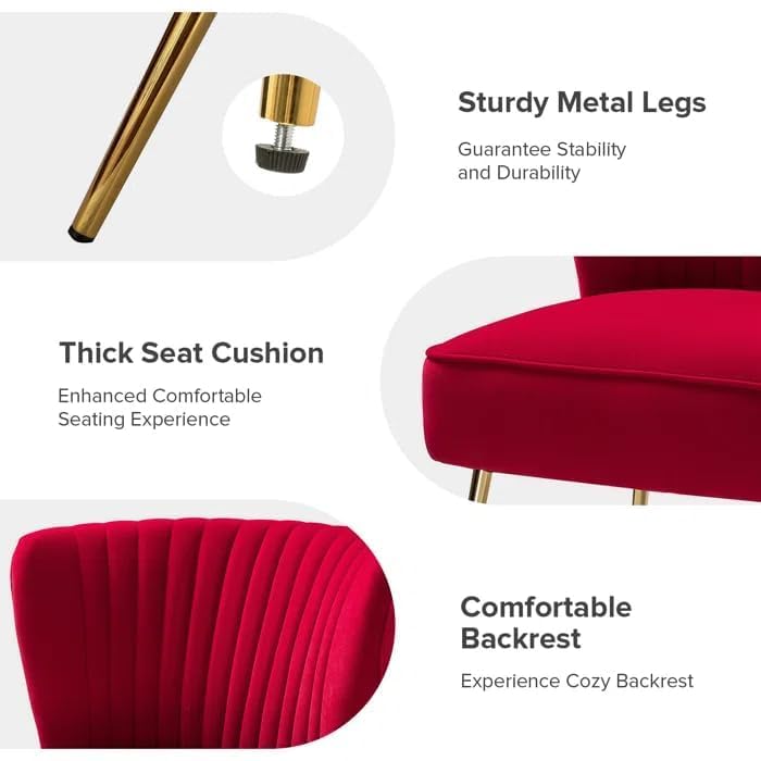 Image of Modern Upholstered Accent Velvet Chair Single Seater Channel Tufted Wing Back Chair with Golden Matel Legs for Living Room, Bedroom, Dining Room, Red