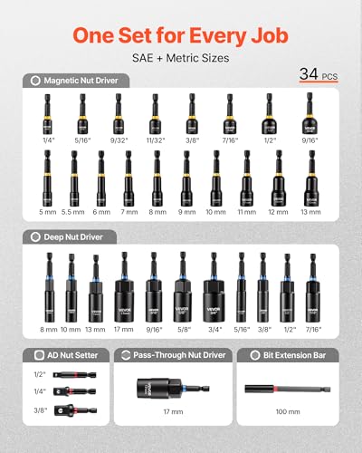 Image of VEVOR Master Magnetic Impact Nut Driver Set 34-Piece, Metric & SAE Sizes, with Nut Setter, Quick Release Extension, Wing Nut Driver, Storage Box, Versatile for Automotive, Machinery, and DIY Tasks