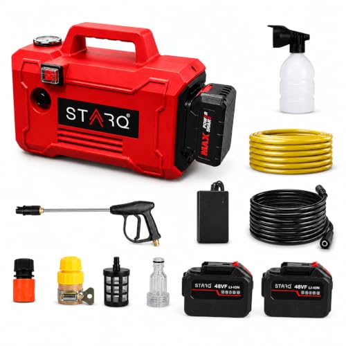 Image of STARQ TurboElite 48V Cordless High Pressure Washer, 1200 Watts, 120 Bar, 8 LPM, with 2 x 5000mAh Batteries, 8 Meter Hose Portable Car, Bike, and Home Cleaning (Double Battery Included)
