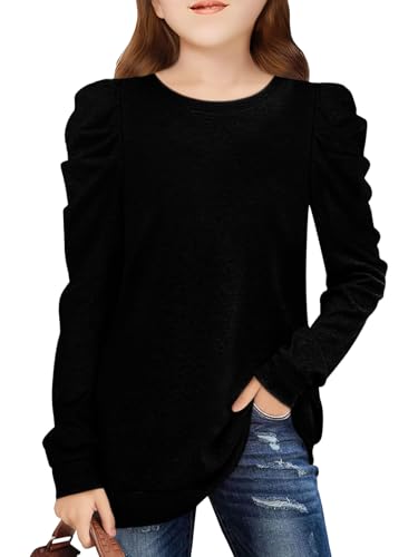 Girls Puff Sleeve Cute T Shirts Kids Fall Tops Crewneck Clothes Loose Fit 5-14Y - Main Image