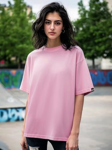 Image of Bewakoof Women's Solid Oversized Fit Half Sleeve Round Neck Cotton Jersey T-Shirt