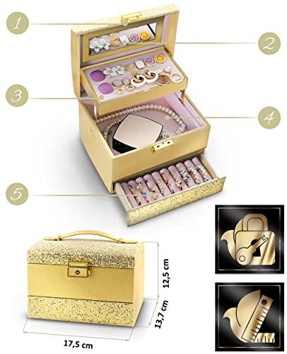 Boîte à bijoux avec miroir et rangement portable doré 17cm