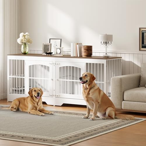 HOOBRO 74.8'' Dog Crate Furniture for 2 Dogs, Wooden Dog Kennel Indoor with Dog Bowls, Extra Large Double Doors Dog Crate TV Stand, Dog Kennel with Divider, White and Walnut