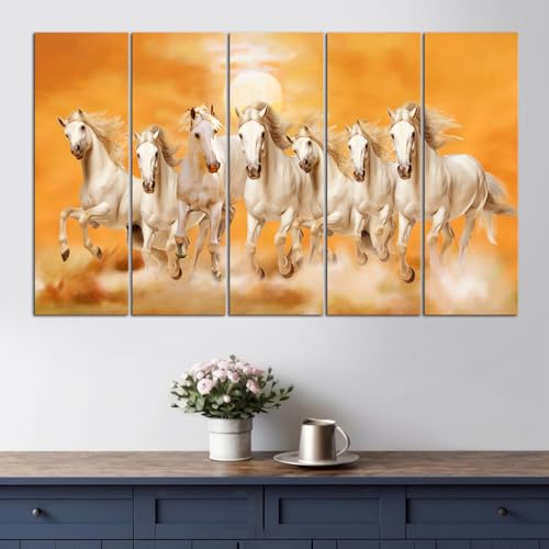 Image of Maxstone 7 Horses Wall Painting for Living Room Big Size - 7 Running Horses Painting Vastu for Bedroom, Office, Hotel - Wall Decor Digital Painting Wooden Framed for Gifting (30x60 Inch) M1383