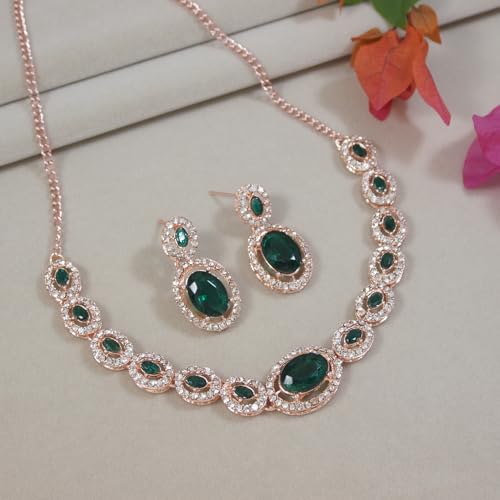 Image of I Jewels Rose Gold Plated Stylish Design Crystal Diamond Necklace & Earrings Jewellery Set for Women