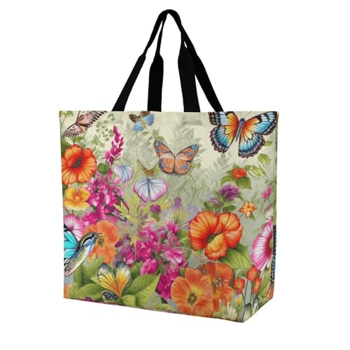 Birds Flowers Butterfly Large Grocery Tote Bag Women Fashion Handbag Duty Reusable Shoulder Bag for Travel Vacation Shopping Beach Bags