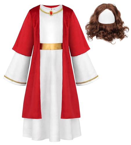 ReliBeauty Disfraz Jesus Niño Traje Jesucristo Santo Infantil Toga de Dios con Peluca y Barba, 130