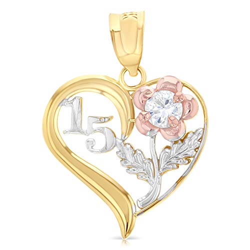 Ioka - 14K Tri Color Gold Sweet 15 Years Quinceanera Heart Charm Tiny Pendant For Necklace or Chain