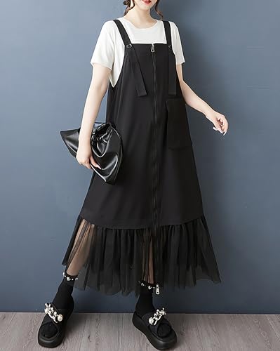 ellazhu Women's Pants Overalls Solid Zip UP Two Side Pockets Tulle Hem Fashion Casual Plus Size Maxi GZ5524