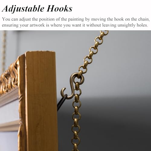Image of UrbanUp Picture Rail Hanging System Brass Chain with Hooks & D - Rings, 3.3ft Long Gold Chain for Picture Hanging Rail, Picture Hanging Hardware Adjustable(10pcs)