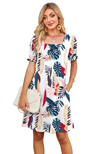 Image of RUMIA Summer Dresses for Women 2025 Casual Cute Square Neck Puff Short Sleeve Dress with Pockets