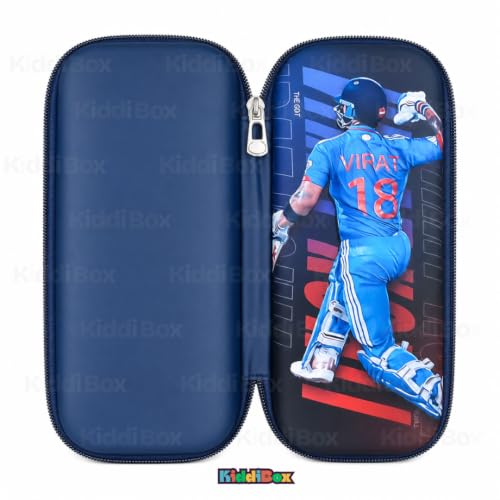 Image of KiddiBox Virat Pencil Box for Girls and Boys | Stylish Pencil Case for School, Student, Pen Case Holder with Dual Zipper Mesh Pocket, Hard Top Pencil Pouch for Kids, Stationary Pouch (Blue)