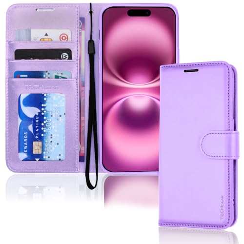 TECHGEAR iPhone 16 Leather Wallet Case Protective Flip Case Cover with [RFID BLOCKING] Wallet Card Holder Stand and Wrist Strap - Purple PU Leather with Magnetic Closure for iPhone 16 6.1