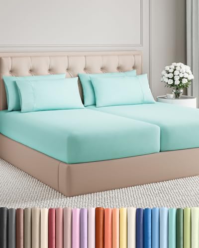 Image of Split King 7 Piece Bed Sheet Set - Comfy, Breathable & Cooling - Spa Blue | Ultra-Soft Hotel Luxury Bedding Set w / 8-16 Inch Deep Pockets, 1 Flat & 2 Fitted Sheet & 4 Pillowcases, Wrinkle & Fade Free