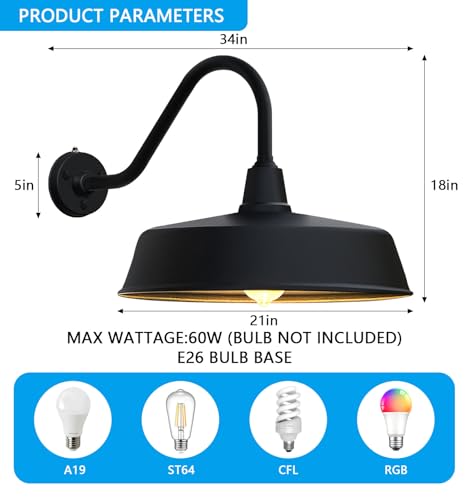 Image of JOESA 21 inch Extra Large Outdoor Gooseneck Barn Light 2-Pack, Dusk to Dawn Farmhouse Wall Light Fixture for Porch and Garage, Classic Exterior Barn Lighting