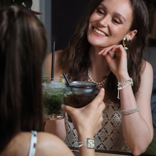 Pearl Bracelet Apple Watch Band, with Bling Jewelry and Metal Chain (38mm/40mm/41mm, Heart Chain)