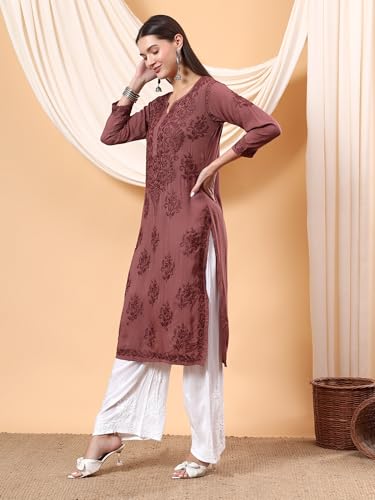 Image of POSHAK CHIKAN STUDIO Women's Hand Embroidered Lucknowi Chikankari Modal Straight Long Kurta, heer