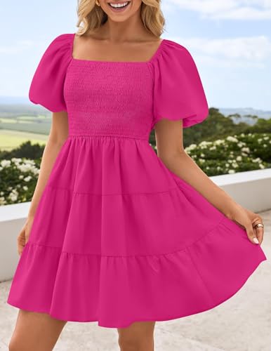 Image of ZESICA Women's Boho 2026 Summer Square Neck Puff Sleeve Off Shoulder Smocked Tiered Casual A Line Short Mini Dress