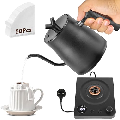 Smart V60 Electric Kettle Gooseneck 40-100 Adjustable Temp Control 36Hour Heat Retention 304 Stainless Steel Coffee Kettle 1000W Fast Boil 1L Anti-Dry 50 Coffee Filters Gift (j-Black)