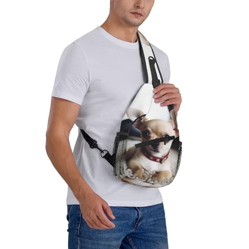 Mochila tipo sling negra con diseño de chihuahua miniatura 7