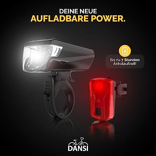 DANSI Fahrradleuchten-Set StVZO I LED-Fahrradlicht I Rad-Licht hell vorne + hinten I umschaltbar 15-100 Lux I Rücklicht & Frontleuchte I Regenfest I Fahrradlampe I bike light