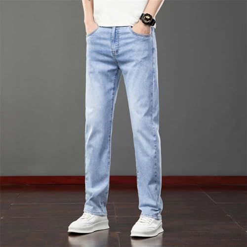 Hndudnff Men's Summer Thin Washed Jeans Slim Fit Elastic Straight Casual Business Denim Pants3
