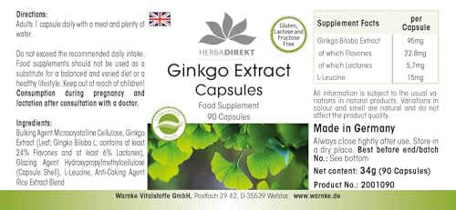 Ginkgo Biloba Extrakt 95mg - mit Flavonen und Lactonen - vegan - 90 Kapseln | HERBADIREKT by Warnke Vitalstoffe - Deutsche Apothekenqualität – Bild 4