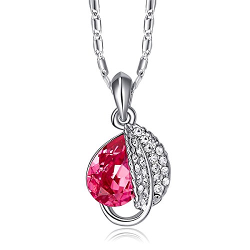 Mondaynoon Swarovski Element Teardrop Crystal "Lovesick Leaf" Pendant Necklace for Mother's Day Gift (Rose red)