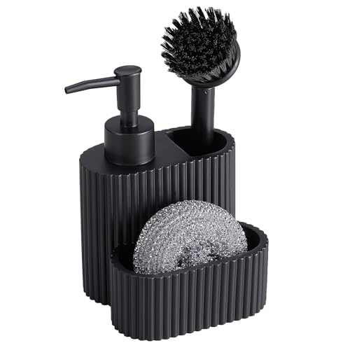 Spülbecken Organizer Schwarz 3-teiliges Spülmittelspender Küche Set mit Seifenspender Spülbürste und Metallschwamm Spüle Organizer aus Kunststoff für Küchen Bad
