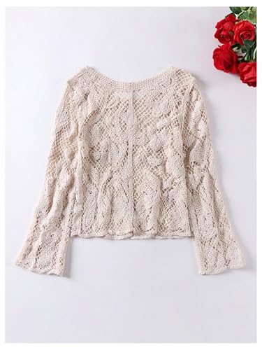 GORGLITTER Women's Hollow Out Crochet Cardigans Button Up Lightweight Long Sleeve Scoop Neck Fall Trendy Knitwear2