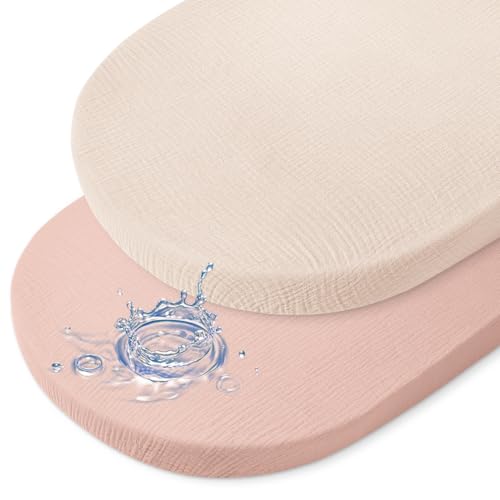 Image of BeBeJoJo Baby Bassinet Sheets TPU Waterproof 2 Pack Soft Muslin Bedside Bassinet Mattress Sheets with Bottom Elastic Band for Baby Boy Girls Unisex Fit Hourglass Oval and Rectangle, Pink Beige