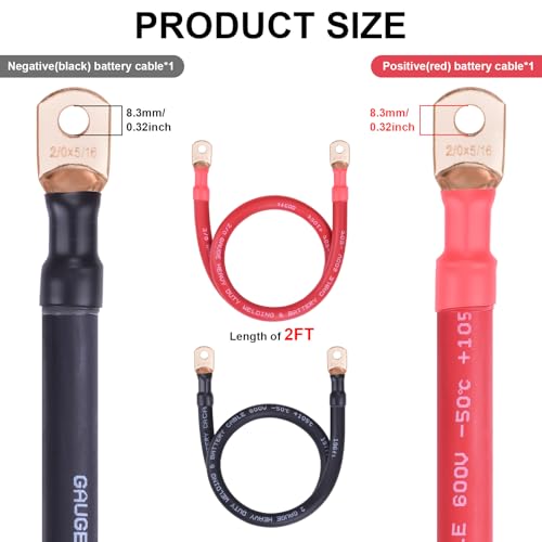 Image of iGreely 2 /0 Gauge Battery Cable with 5 /16 inch Terminals, 2 FT Pure Copper Welding Inverter Cables for Automotive RV Solar Marine Truck (Red + Black Pair)