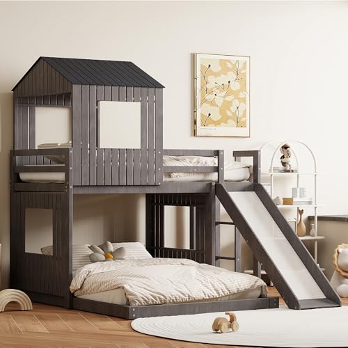 Harper & Bright Designs House Bunk Bed with Slide,Wood Twin Over Full Bunk Bed with Roof,Ladder & Safety Guardrail,Floor Bunk Loft Bed for Kids,Teens,No Box Spring Needed, Antique Grey