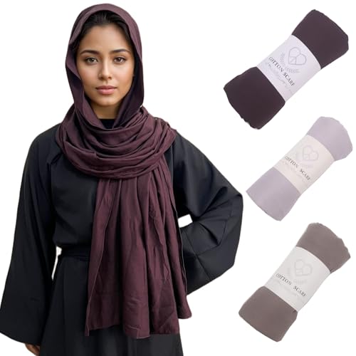 Crinkle Cotton Head Scarf Shawl,3PCS Long Hijab,Plain Color Breathable Turbans Headwraps for Muslim Women
