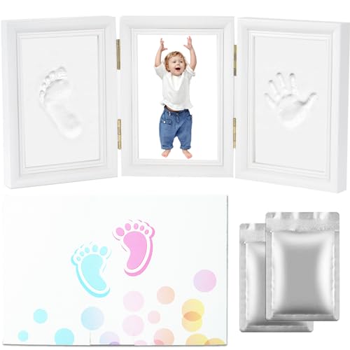 Bizcasa Cadre Empreintes Bébé, Cadre Photo pour bébé Set, Kit Empreinte Pieds et Mains Bebe Support pour 3 Photos, Set Cadeau pour Naissance, Baptême,...