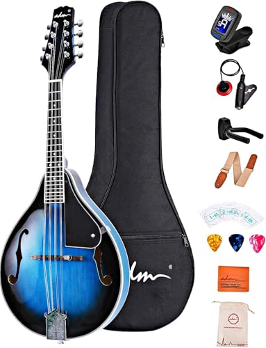 Image of ADM Acoustic Mandolin Instrument Kit Music A Style for Kids Students Adults Wood Mandolins Beginner Set With Bag, Tuner, Pick-up, Strap, Strings, Picks and Hanger, Blue