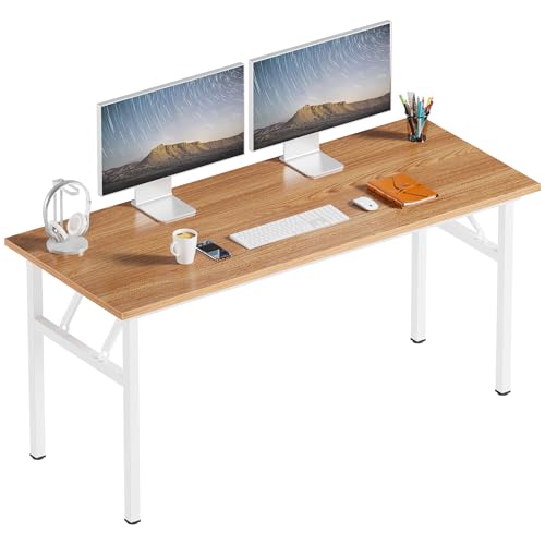 Image of Need Folding Computer Desk, Large 60 inches Folding Table for Home Office, No Install Needed Foldable Writing Table Desk, Teak and White