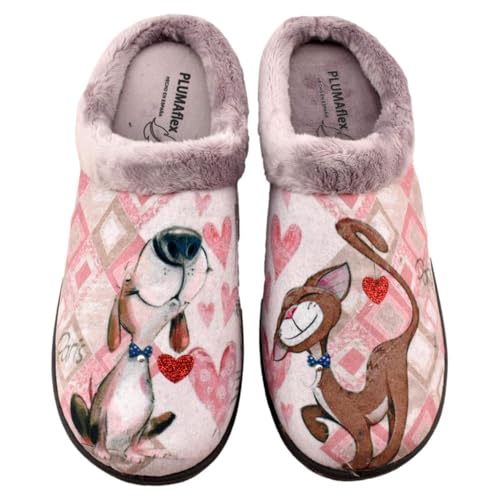 PLUMAFLEX - Zapatillas de casa Muy cómodas y Divertidas con Plantilla Transpirable Que se Adapta a la anatomía del pie 729649 Sintético Mujer Color: Perro Gato Talla: 37