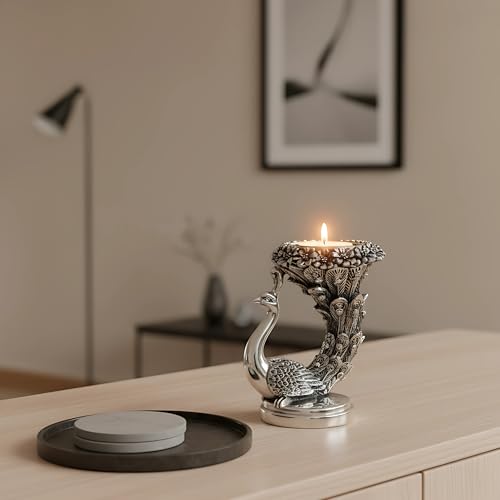 Image of 999 Pure Silver Plated Peacock Idol (Pack of 2) - 9.5 cm Height - Luxury Decorative Tabletop Showpiece & Candle Holder - Elegant Home Interior Decor Accents - Premium Gift Set