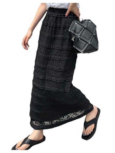 GORGLITTER Women's Floral Lace Layered Frill Trim Skirt Elastic Waist Sheer Long Skirts