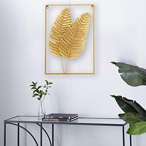 Image of Framing Hub - Gold Metal Wall Decor Set of 2 Leaf Wall Hanging Home Decor with Frame, Metal Wall Art Decor Wall Sculptures for Living Room, Bedroom, Office, Hotel (Size 15 inch X 22 inch)