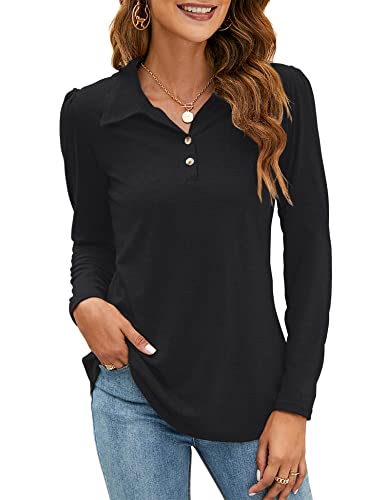 LOMON Womens Polo Shirts Button Down Collared Long Sleeve Tops V Neck Loose Blouses