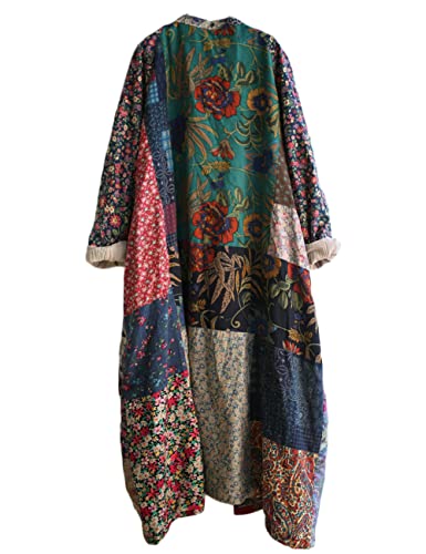 NFYM Women's Trench Coat Long Cotton Linen Floral Print Jacket Cottagecore Clothing Patchwork Outwear Each Piece Unique4