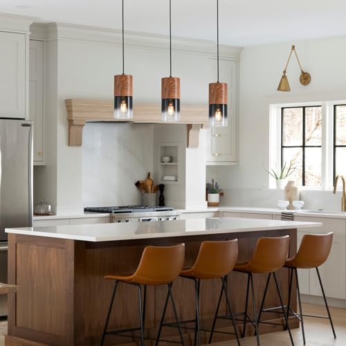 Image of 2-Pack Modern Pendant Lights for Kitchen Island, Adjustable Black Pendant Light Fixtures with Brown Wood Grain, Industrial Glass Pendant Lights for Dining Table Hallway Bedroom Living Room