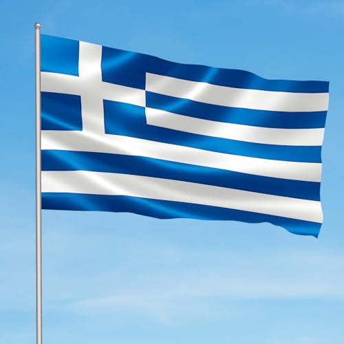 Image of AhfuLife Greece Flag 3x5 Ft, Large Greek National Flags for Outside - Double Side with Brass Eyelets for Greece Party Decorations, Soccer Party Bar Garden Decoration Indoor Outdoor